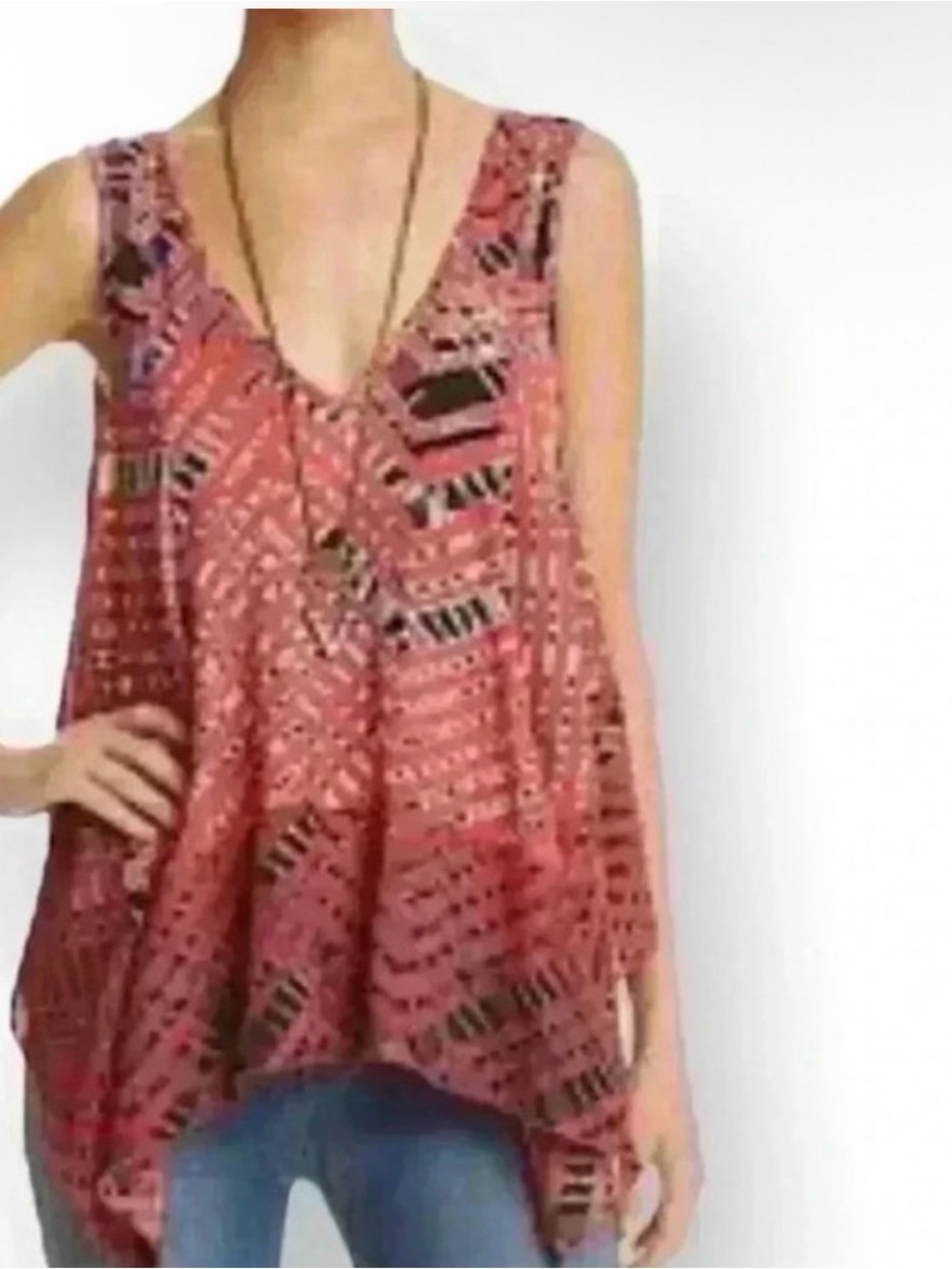 Free People Printed V-Neck Swing Tank